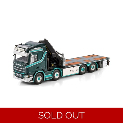 WSI MODELS 1.50 TM Hansen; SCANIA R NORMAL CR20N RIGED FLATBED TRUCK 8X2 TAG AXLE WITH PALFINGER PK title=